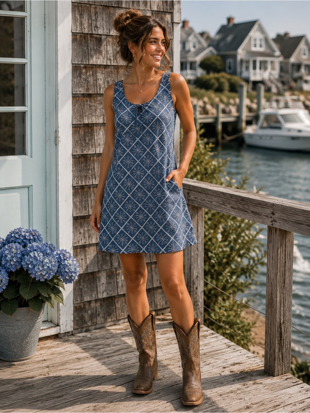 Blue Patterned Tie-Front Sundress